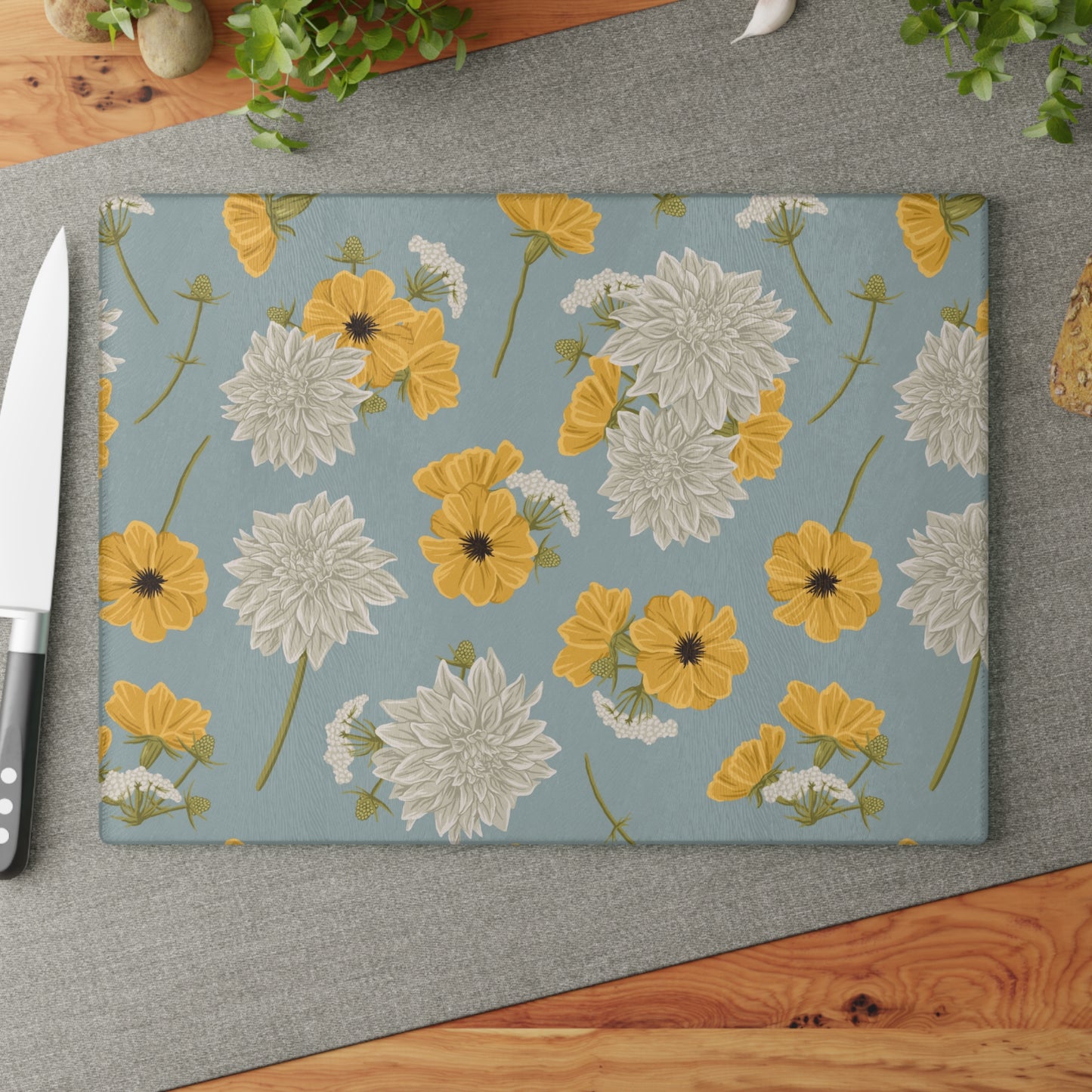 Glass Cutting Board - Buds and Blooms - Cornflower