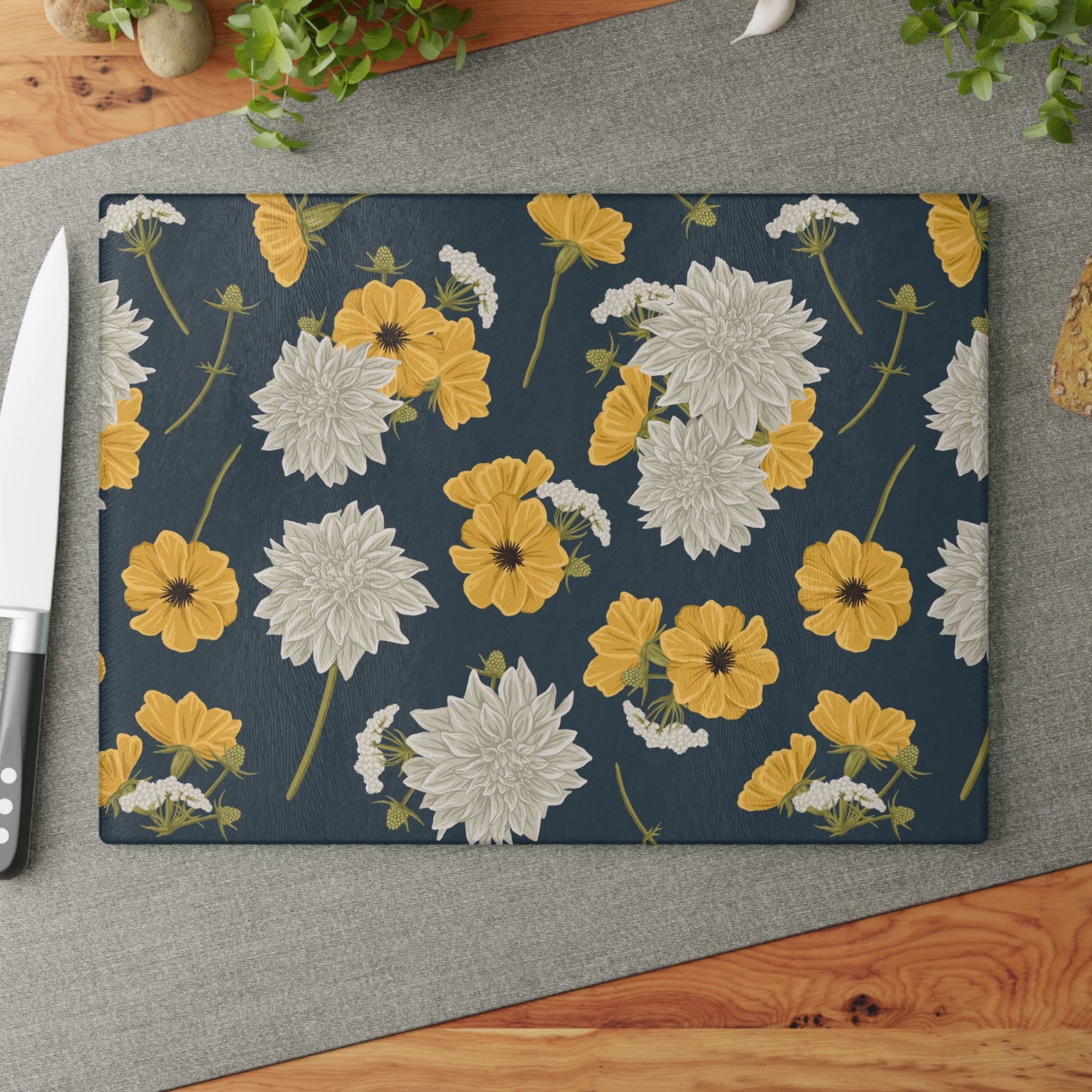 Glass Cutting Board - Buds and Blooms - Denim
