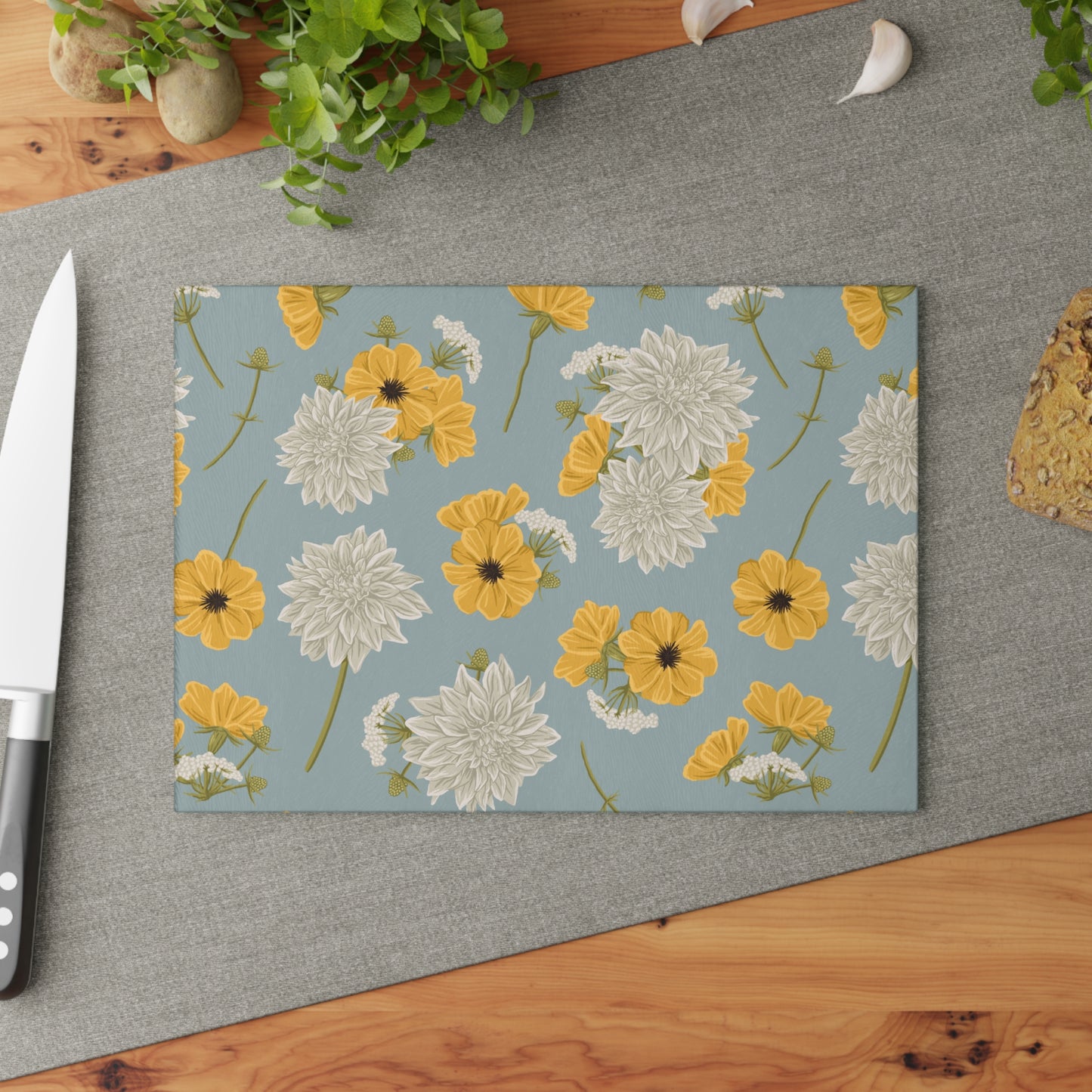 Glass Cutting Board - Buds and Blooms - Cornflower