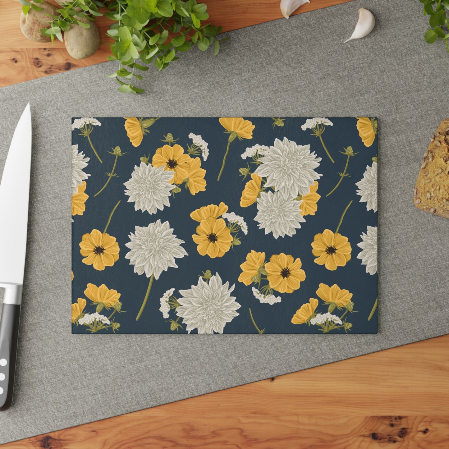 Glass Cutting Board - Buds and Blooms - Denim